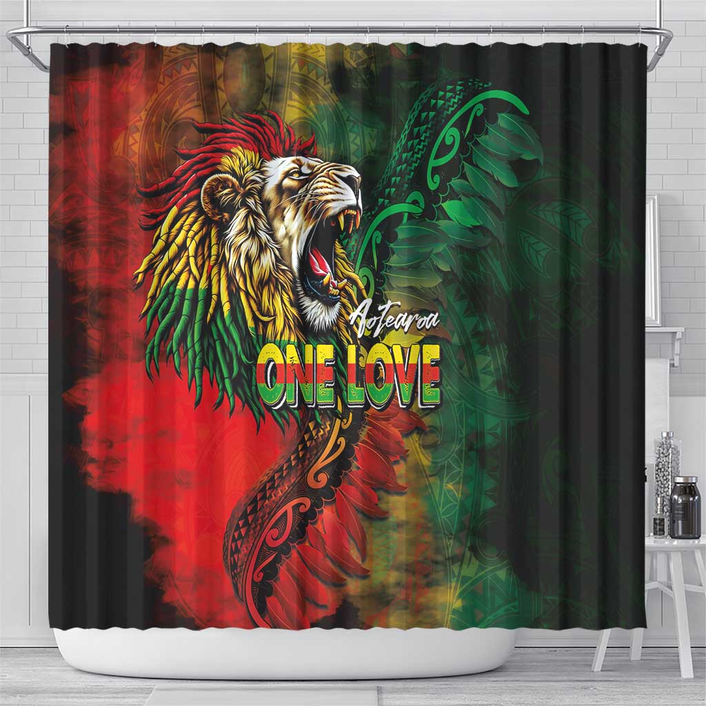 Aotearoa One Love Shower Curtain Reggae Lion with Kakahu Huruhuru