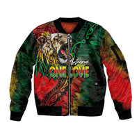 Aotearoa One Love Sleeve Zip Bomber Jacket Reggae Lion with Kakahu Huruhuru