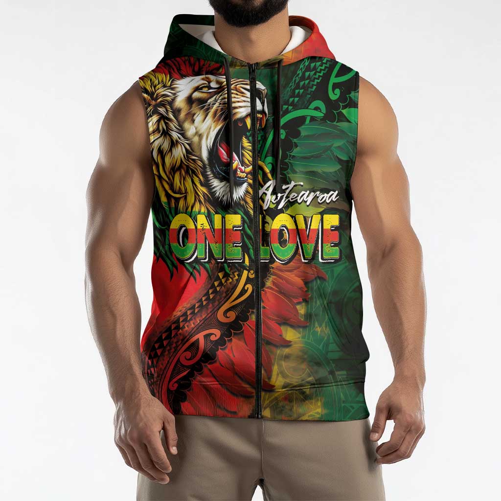 Aotearoa One Love Sleeveless Zip Hoodie Reggae Lion with Kakahu Huruhuru