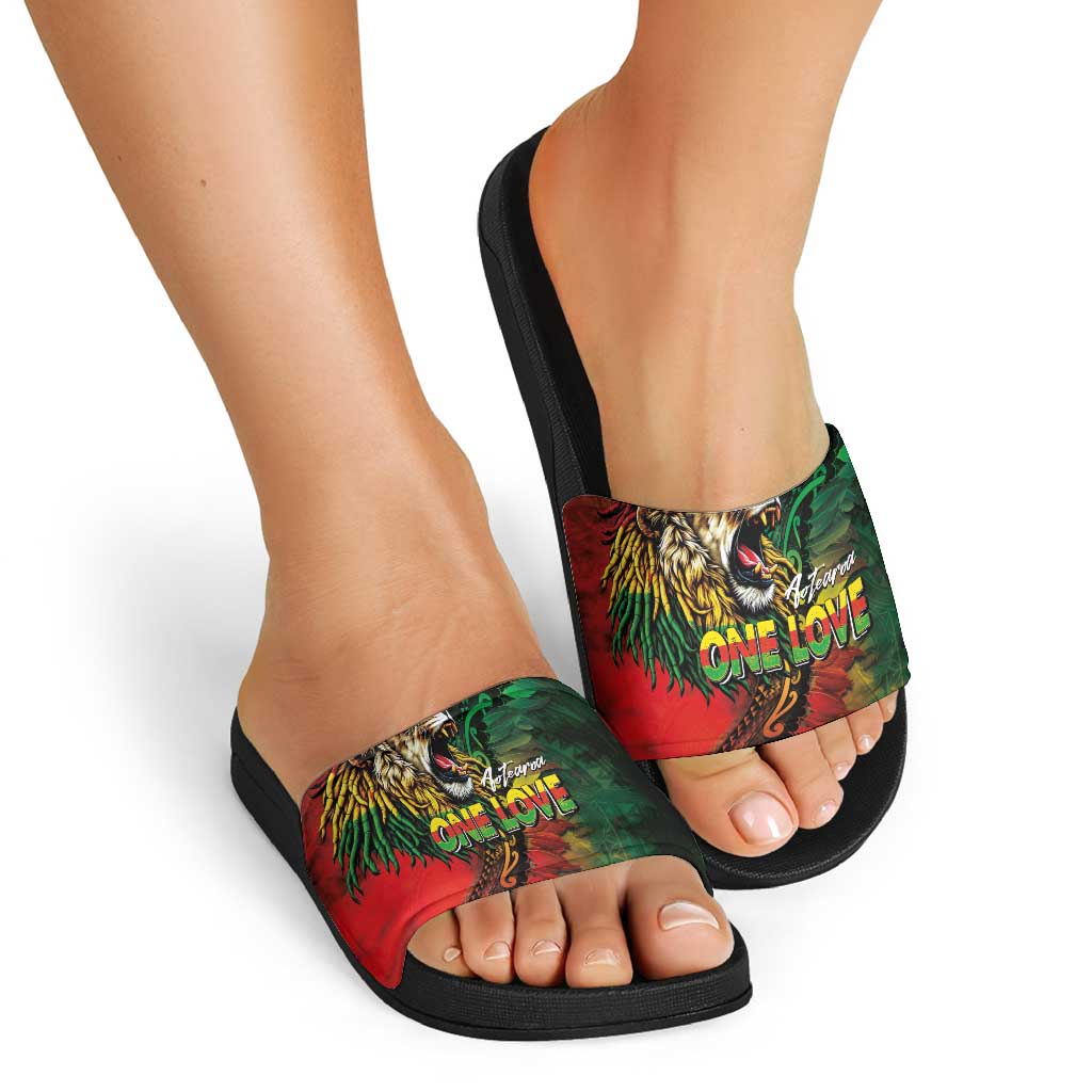 Aotearoa One Love Slide Sandals Reggae Lion with Kakahu Huruhuru