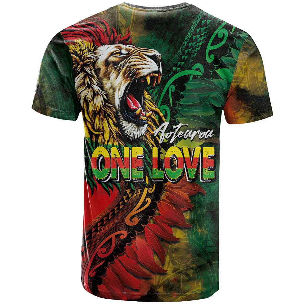 Aotearoa One Love T Shirt Reggae Lion with Kakahu Huruhuru