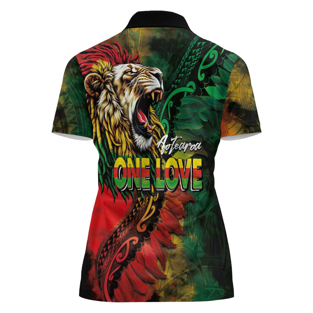 Aotearoa One Love Women Polo Shirt Reggae Lion with Kakahu Huruhuru