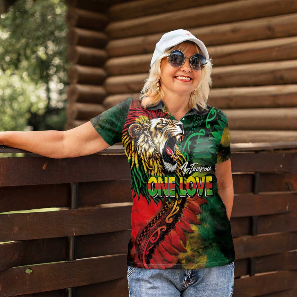 Aotearoa One Love Women Polo Shirt Reggae Lion with Kakahu Huruhuru