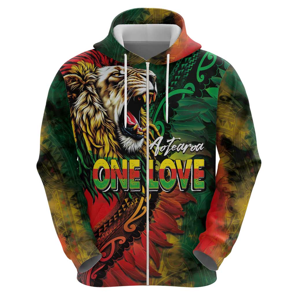 Aotearoa One Love Zip Hoodie Reggae Lion with Kakahu Huruhuru