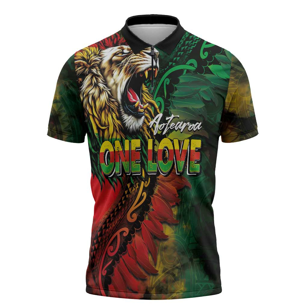 Aotearoa One Love Zipper Polo Shirt Reggae Lion with Kakahu Huruhuru