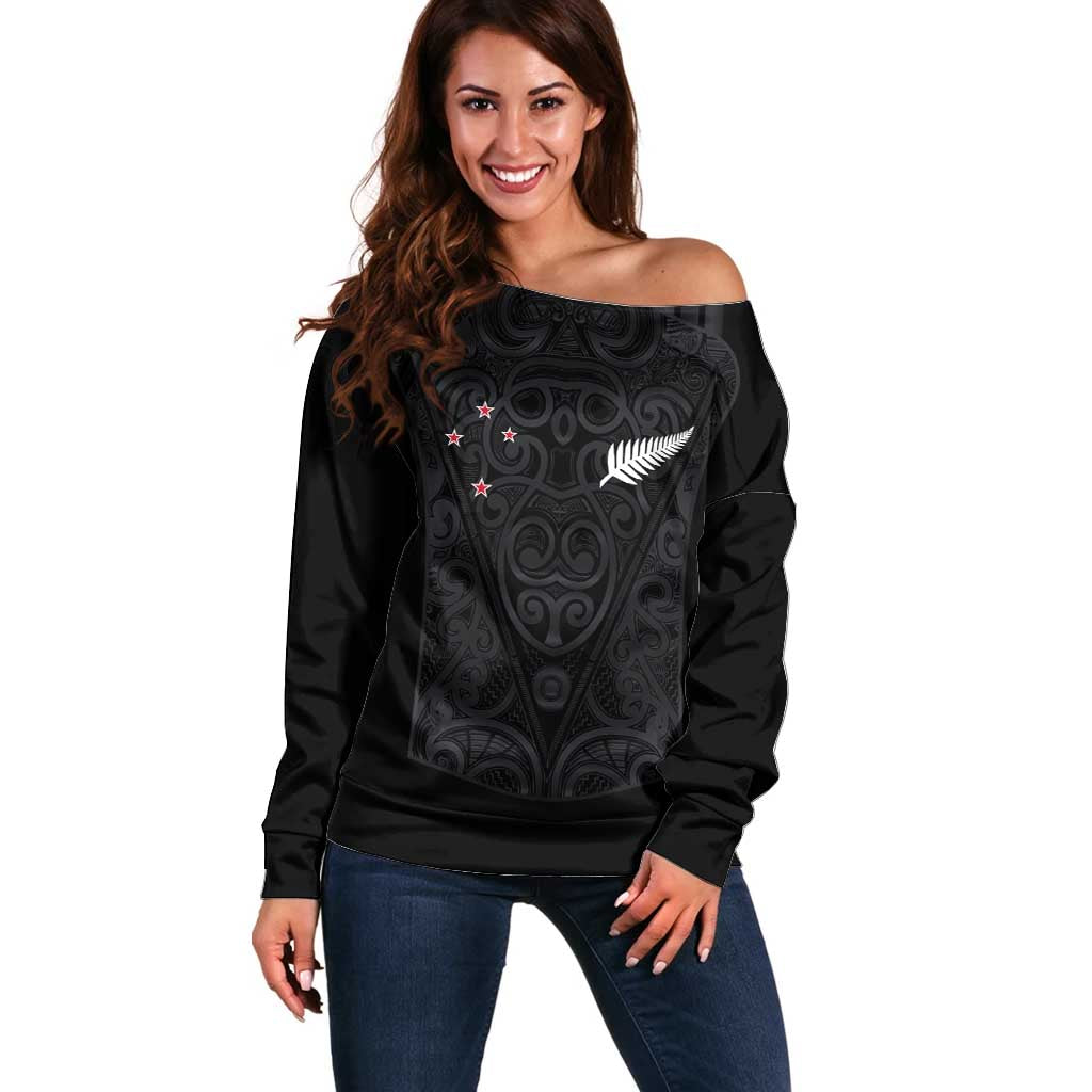 Custom Aotearoa Rugby Off Shoulder Sweater Fern Blacks-Traditional Maori Motifs Design