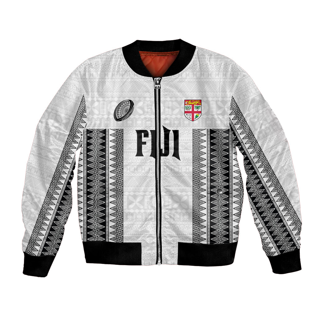 Fiji Rugby Warriors Bomber Jacket Masi Tribal Pattern Go Champion 2024 LT03 Unisex White - Polynesian Pride