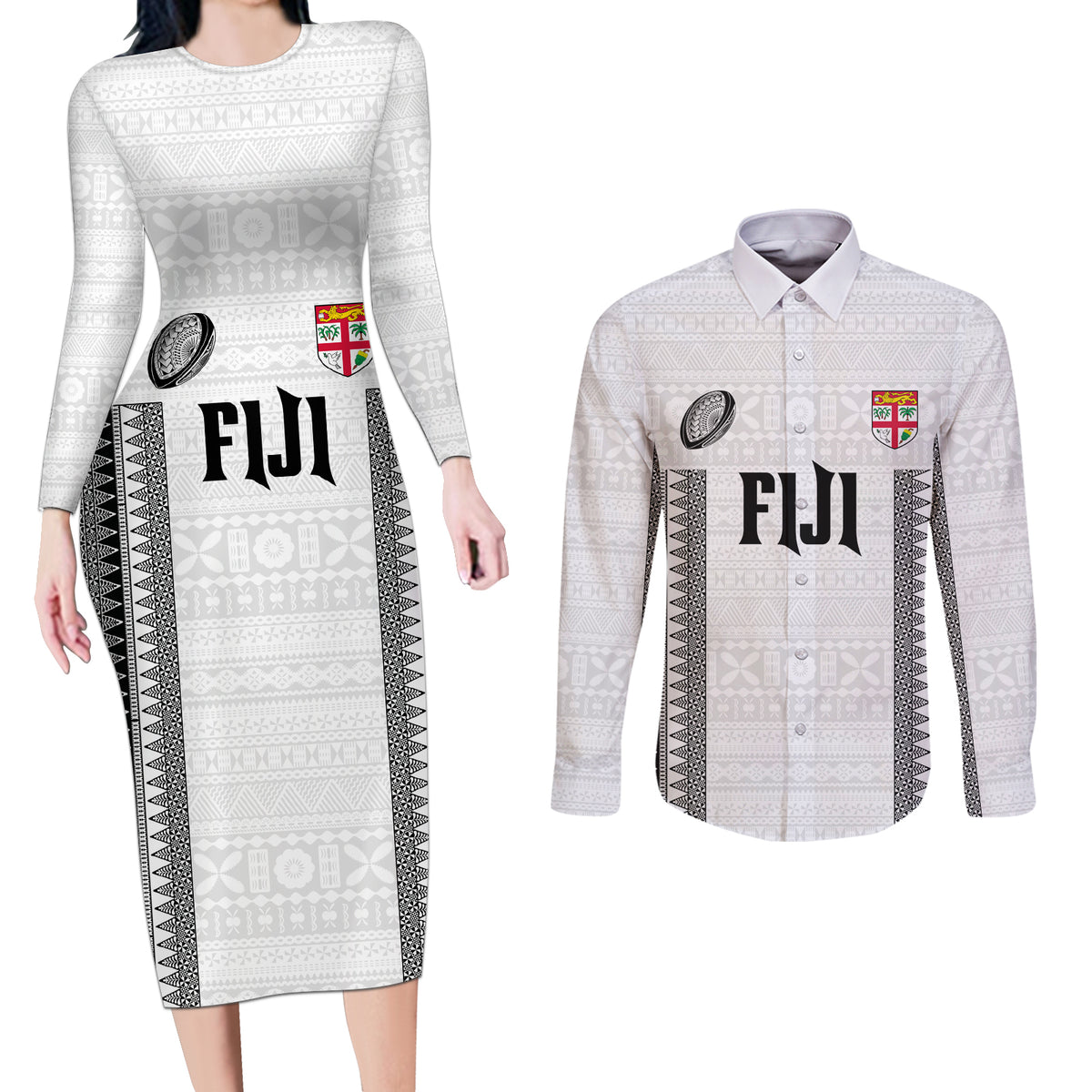 Fiji Rugby Warriors Couples Matching Long Sleeve Bodycon Dress and Long Sleeve Button Shirt Masi Tribal Pattern Go Champion 2024 LT03 White - Polynesian Pride
