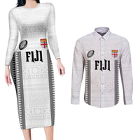 Fiji Rugby Warriors Couples Matching Long Sleeve Bodycon Dress and Long Sleeve Button Shirt Masi Tribal Pattern Go Champion 2024 LT03 White - Polynesian Pride