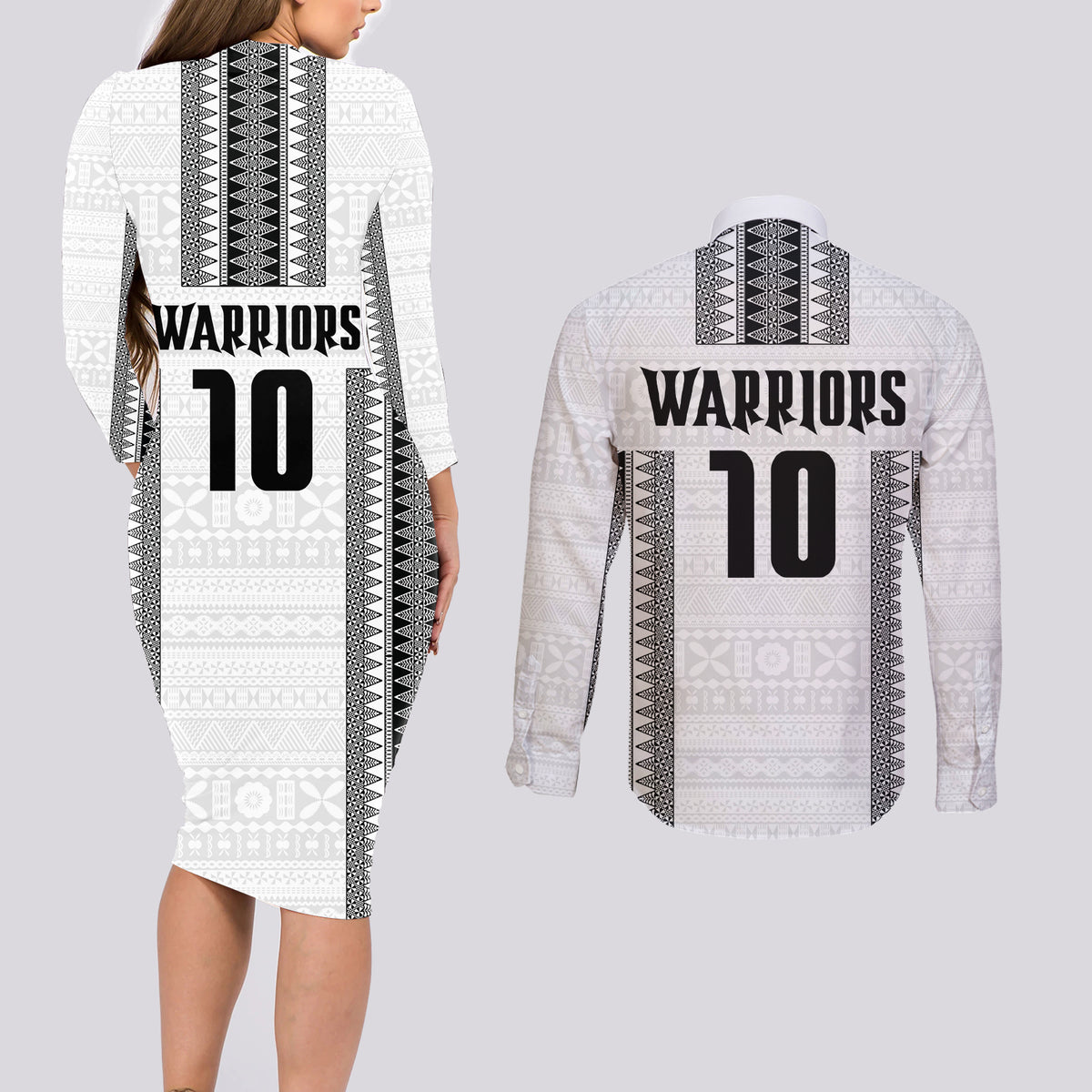 Fiji Rugby Warriors Couples Matching Long Sleeve Bodycon Dress and Long Sleeve Button Shirt Masi Tribal Pattern Go Champion 2024 LT03 - Polynesian Pride