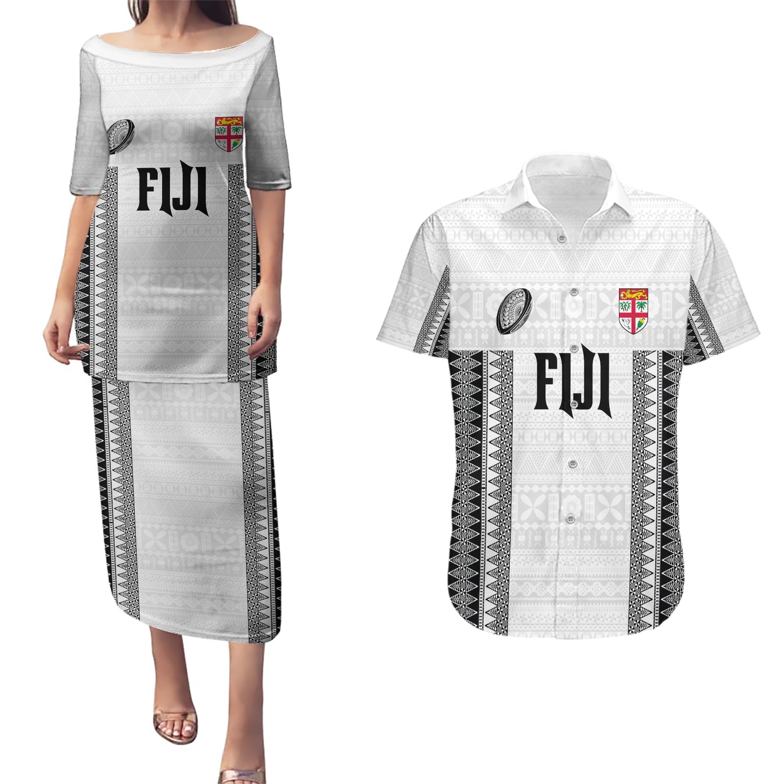 Fiji Rugby Warriors Couples Matching Puletasi and Hawaiian Shirt Masi Tribal Pattern Go Champion 2024