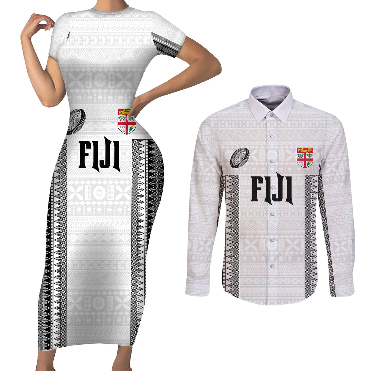 Fiji Rugby Warriors Couples Matching Short Sleeve Bodycon Dress and Long Sleeve Button Shirt Masi Tribal Pattern Go Champion 2024 LT03 White - Polynesian Pride