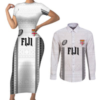 Fiji Rugby Warriors Couples Matching Short Sleeve Bodycon Dress and Long Sleeve Button Shirt Masi Tribal Pattern Go Champion 2024 LT03 White - Polynesian Pride