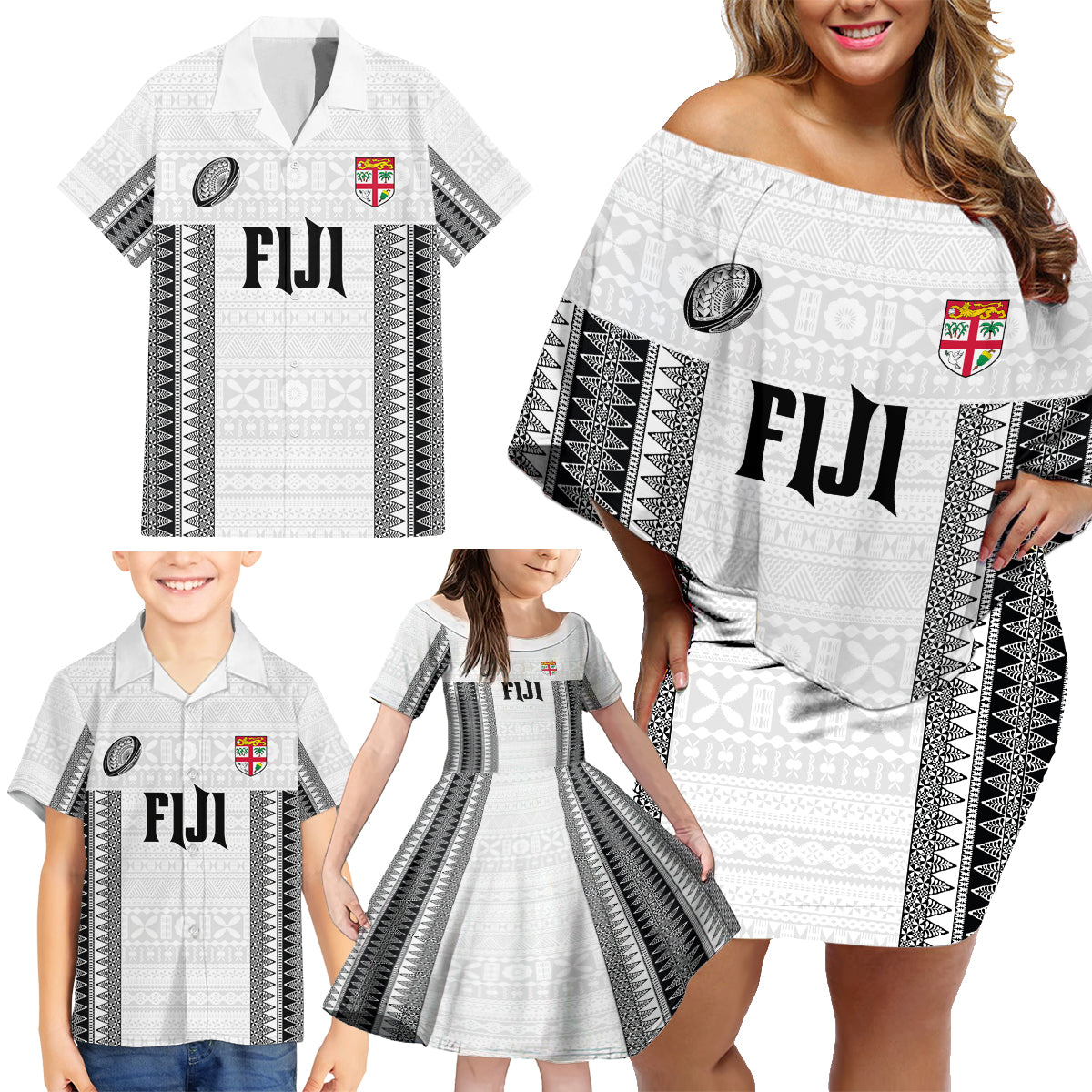 Fiji Rugby Warriors Family Matching Off Shoulder Short Dress and Hawaiian Shirt Masi Tribal Pattern Go Champion 2024 LT03 - Polynesian Pride