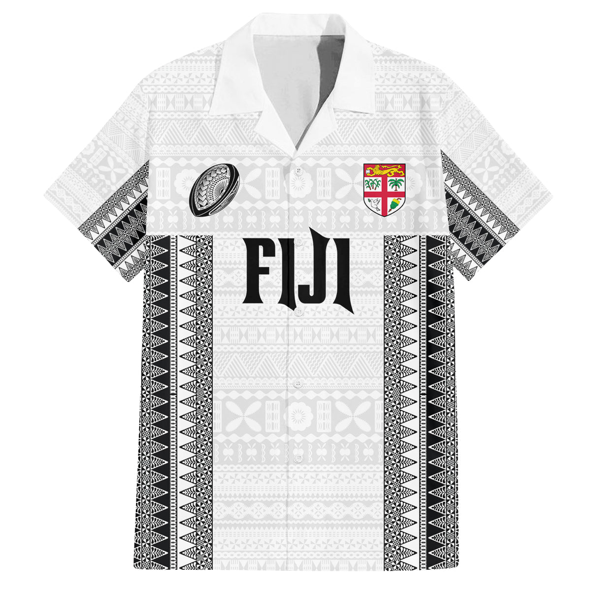 Fiji Rugby Warriors Family Matching Off Shoulder Short Dress and Hawaiian Shirt Masi Tribal Pattern Go Champion 2024 LT03 Dad's Shirt - Short Sleeve White - Polynesian Pride