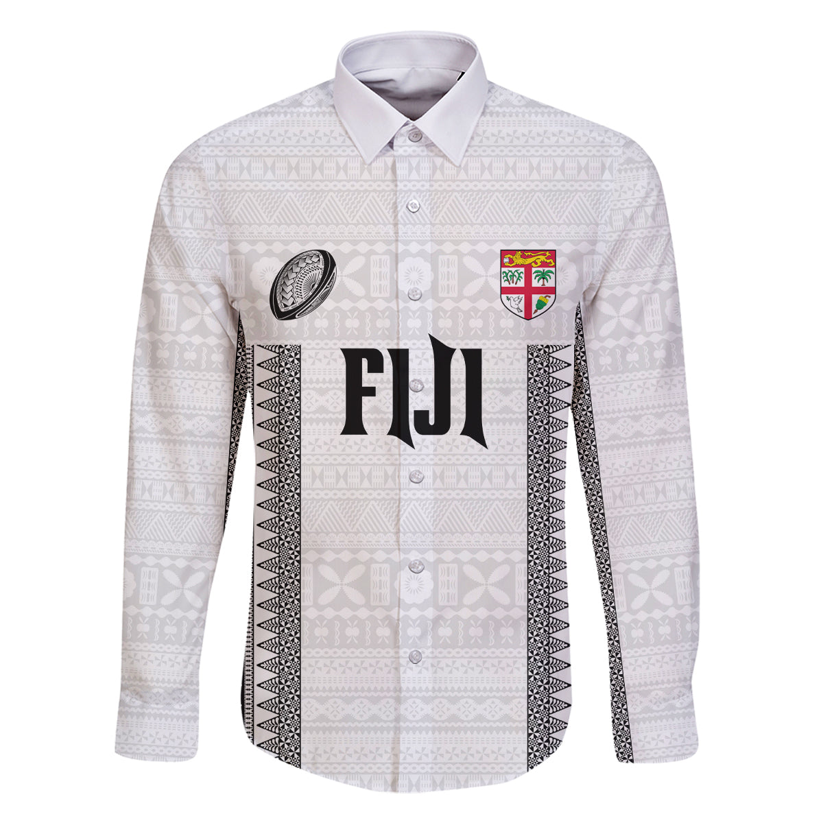 Fiji Rugby Warriors Family Matching Off Shoulder Short Dress and Hawaiian Shirt Masi Tribal Pattern Go Champion 2024 LT03 Dad's Shirt - Long Sleeve White - Polynesian Pride