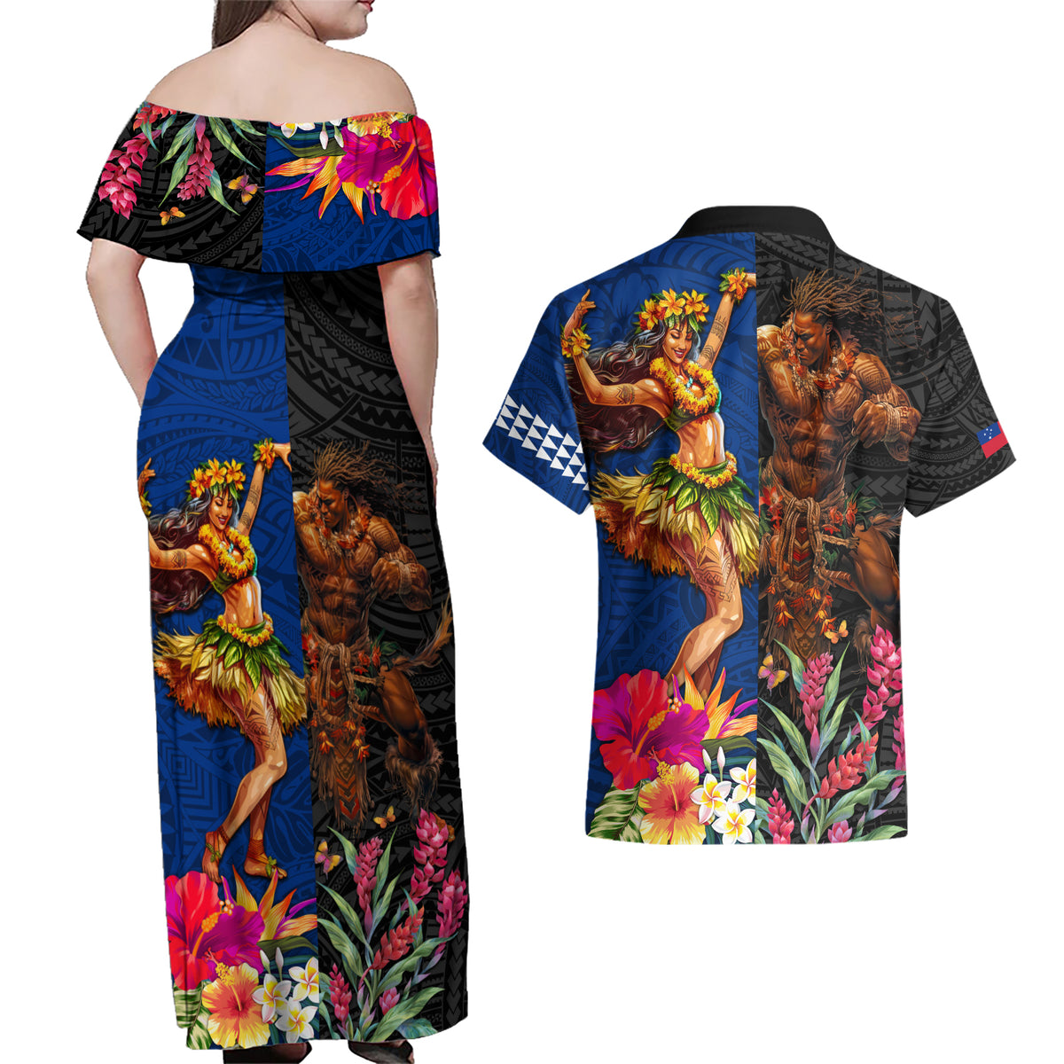 Hawaii and Samoa Together Couples Matching Off Shoulder Maxi Dress and Hawaiian Shirt Samoan Warrior and Beauty Hula Girl