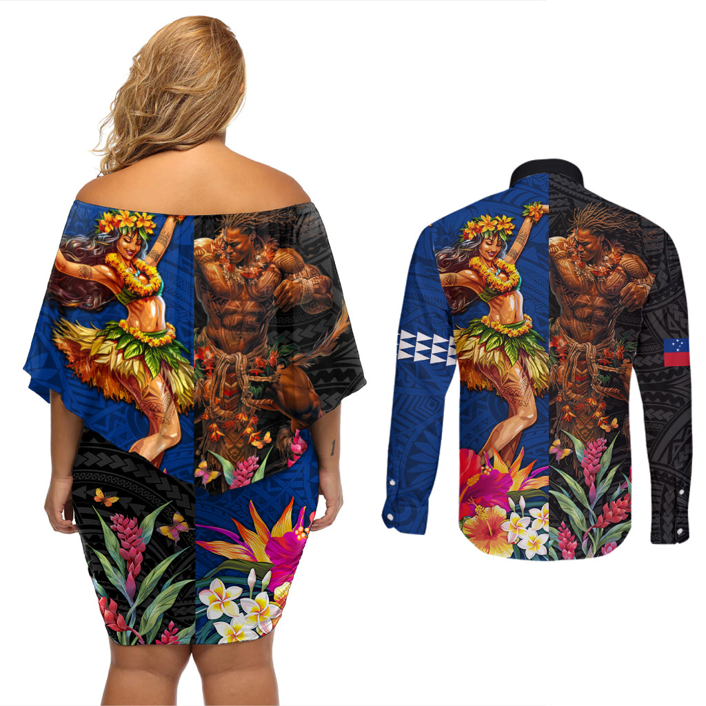 Hawaii and Samoa Together Couples Matching Off Shoulder Short Dress and Long Sleeve Button Shirt Samoan Warrior and Beauty Hula Girl