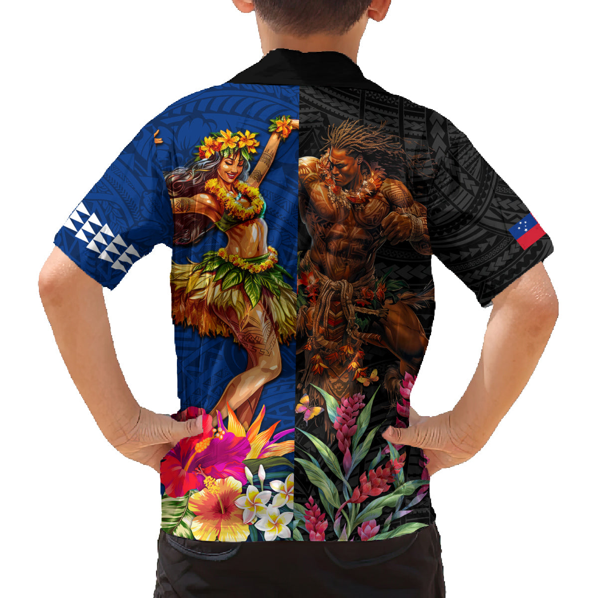 Hawaii and Samoa Together Family Matching Long Sleeve Bodycon Dress and Hawaiian Shirt Samoan Warrior and Beauty Hula Girl