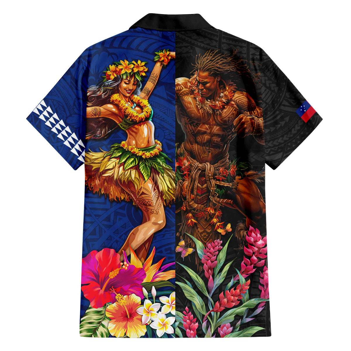 Hawaii and Samoa Together Family Matching Long Sleeve Bodycon Dress and Hawaiian Shirt Samoan Warrior and Beauty Hula Girl
