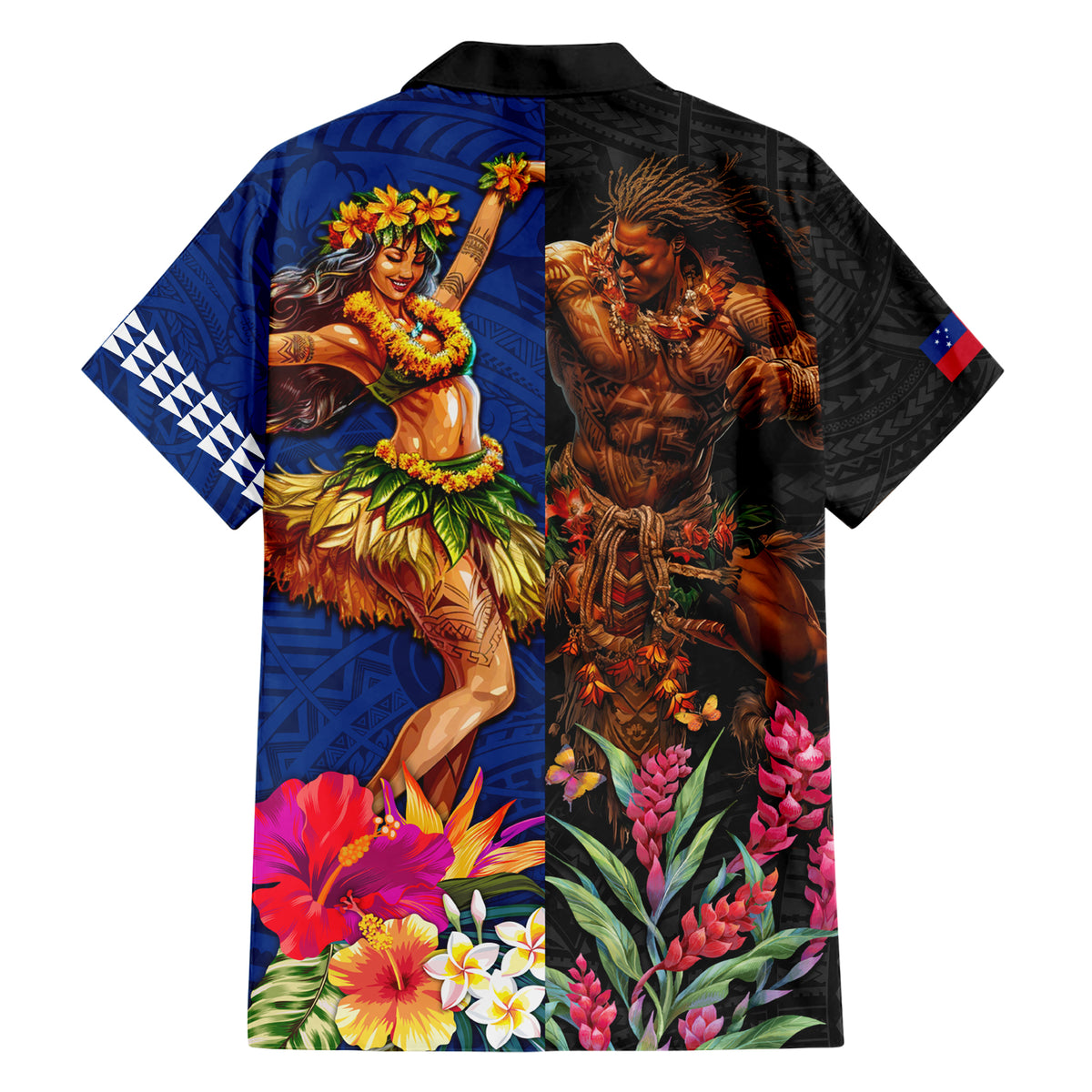 Hawaii and Samoa Together Hawaiian Shirt Samoan Warrior and Beauty Hula Girl