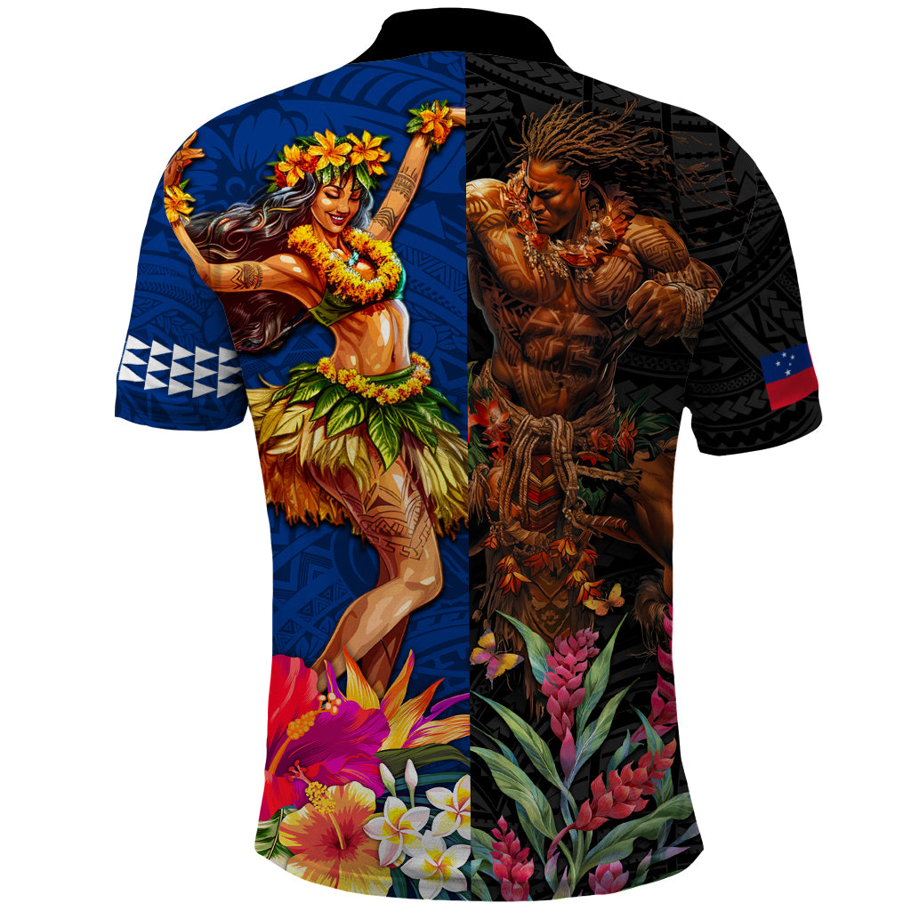 Hawaii and Samoa Together Polo Shirt Samoan Warrior and Beauty Hula Girl