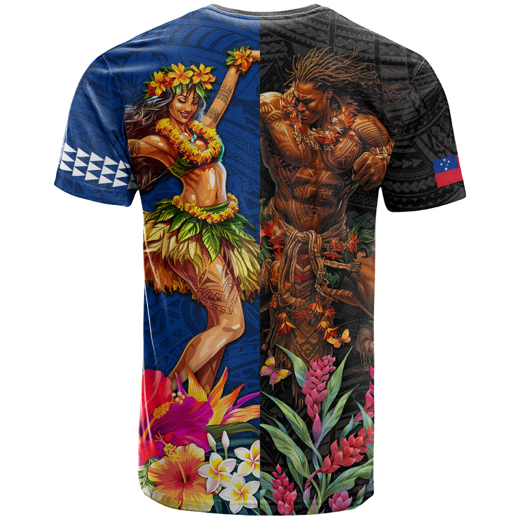 Hawaii and Samoa Together T Shirt Samoan Warrior and Beauty Hula Girl