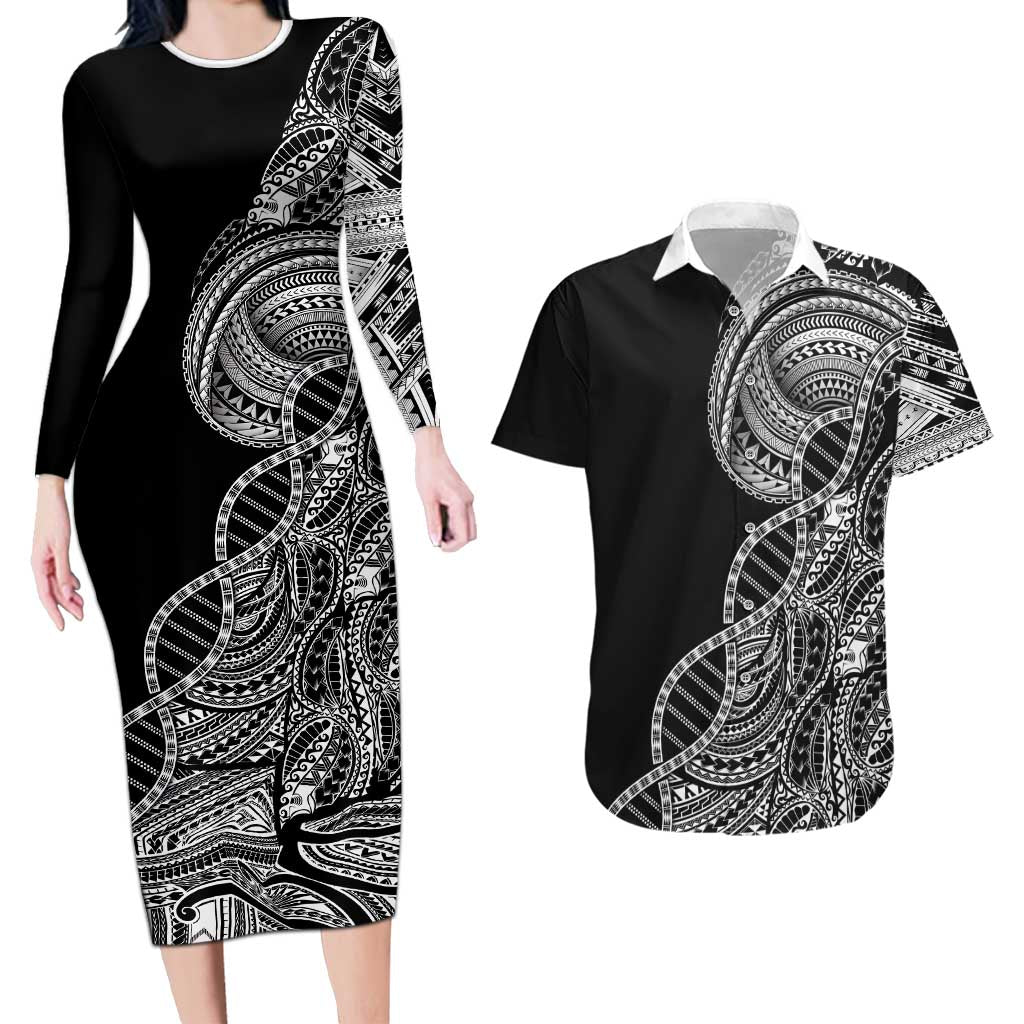 Samoan DNA Art Tattoo Couples Matching Long Sleeve Bodycon Dress and Hawaiian Shirt Polynesian Pattern Black Color