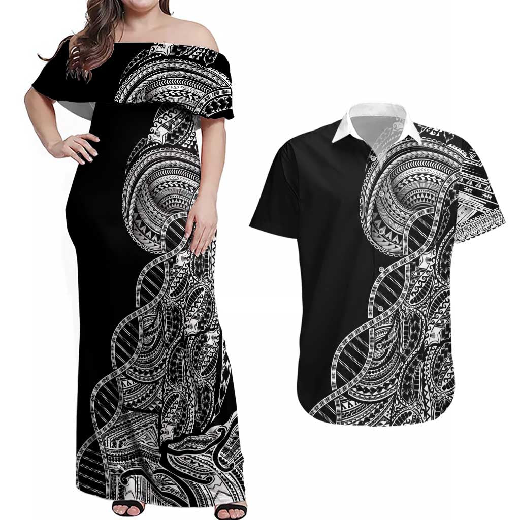 Samoan DNA Art Tattoo Couples Matching Off Shoulder Maxi Dress and Hawaiian Shirt Polynesian Pattern Black Color