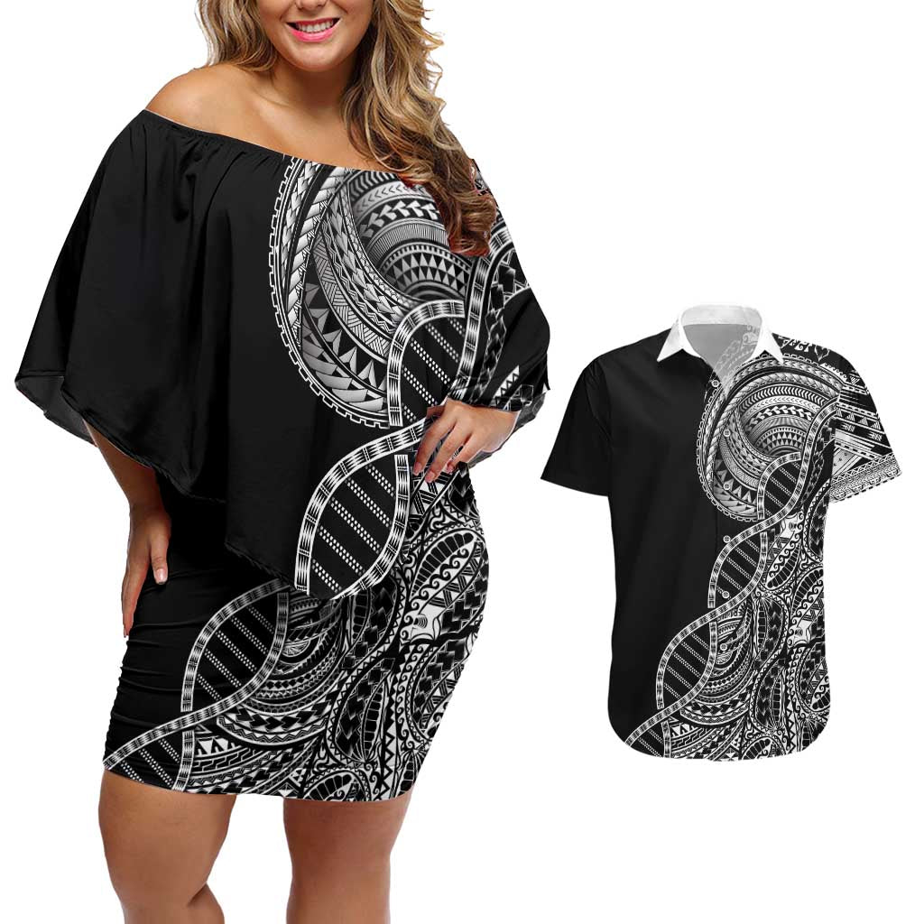Samoan DNA Art Tattoo Couples Matching Off Shoulder Short Dress and Hawaiian Shirt Polynesian Pattern Black Color