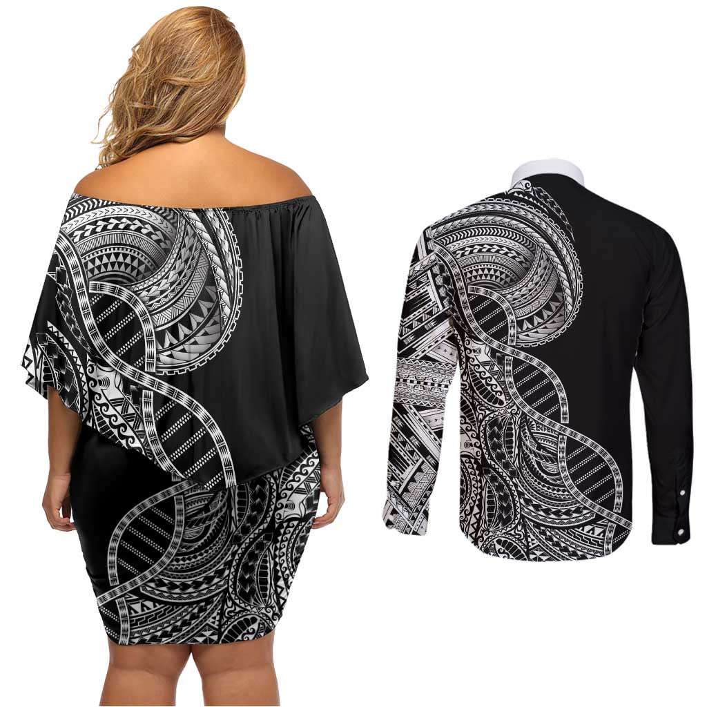 Samoan DNA Art Tattoo Couples Matching Off Shoulder Short Dress and Long Sleeve Button Shirt Polynesian Pattern Black Color