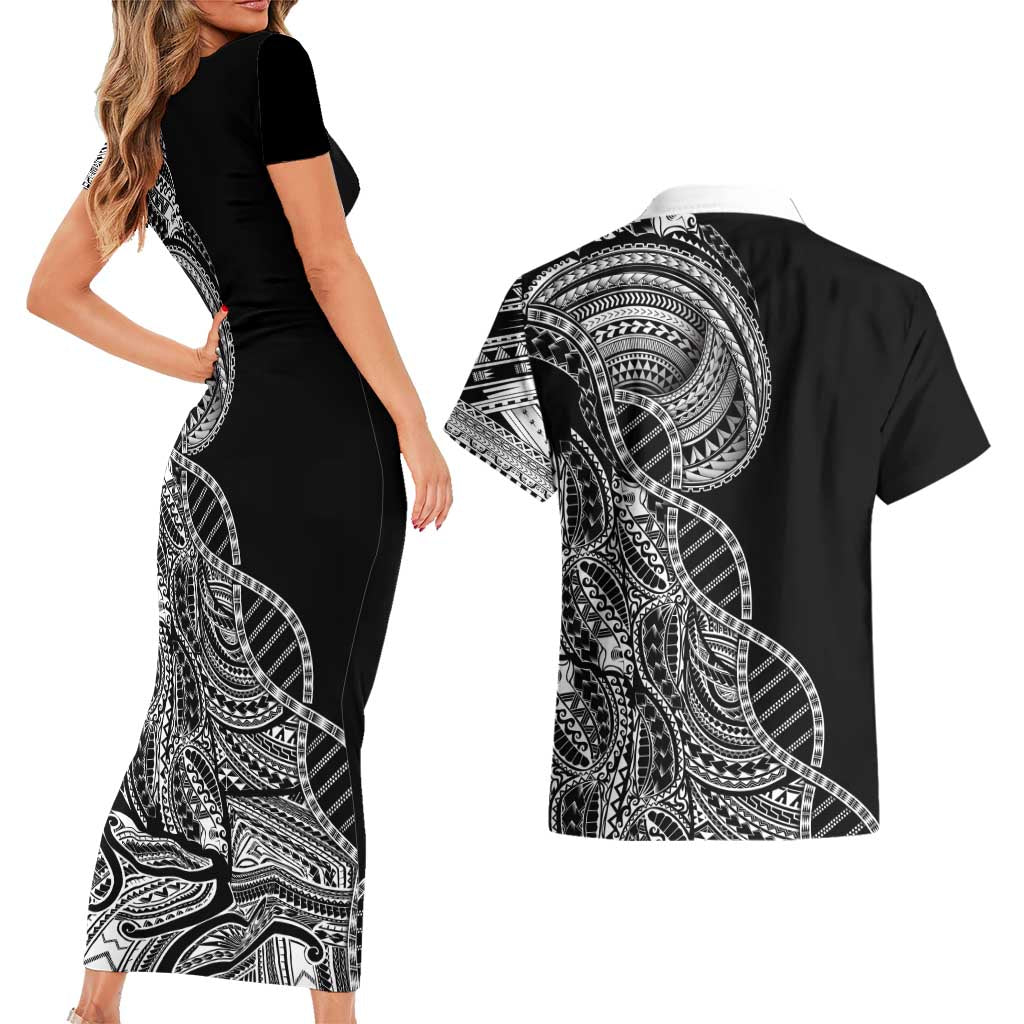 Samoan DNA Art Tattoo Couples Matching Short Sleeve Bodycon Dress and Hawaiian Shirt Polynesian Pattern Black Color