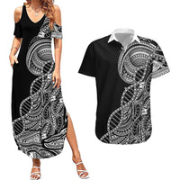 Samoan DNA Art Tattoo Couples Matching Summer Maxi Dress and Hawaiian Shirt Polynesian Pattern Black Color