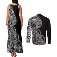 Samoan DNA Art Tattoo Couples Matching Tank Maxi Dress and Long Sleeve Button Shirt Polynesian Pattern Black Color