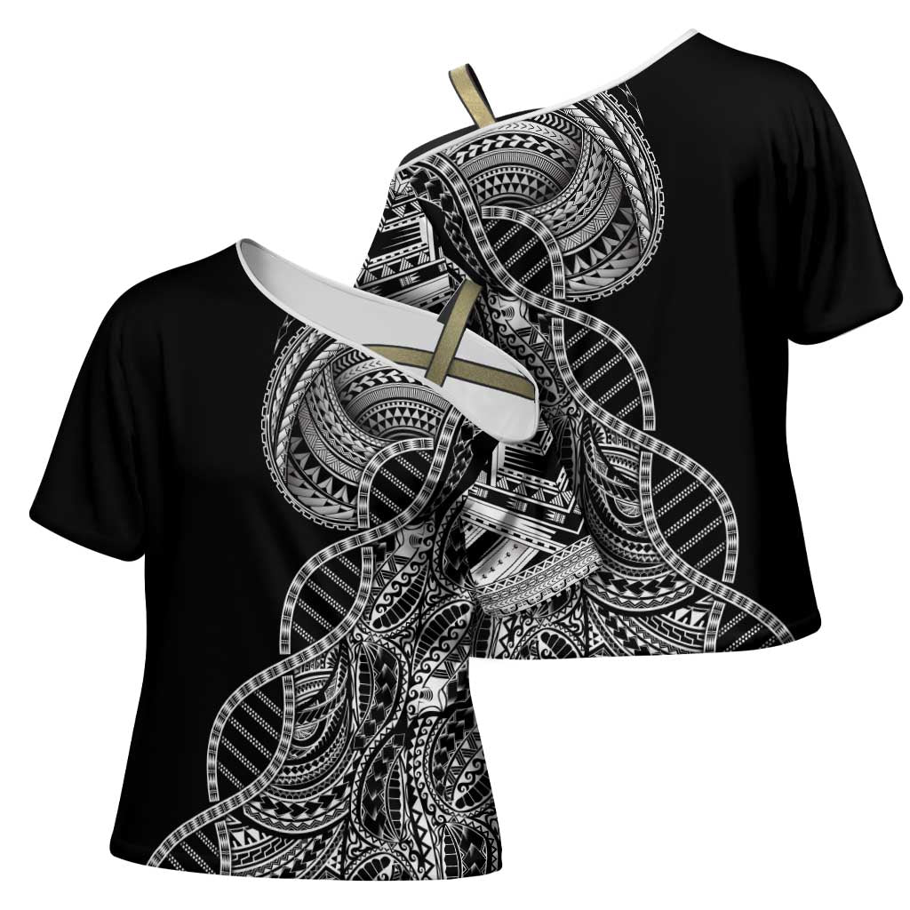 Samoan DNA Art Tattoo Cross Shoulder Shirt Polynesian Pattern Black Color