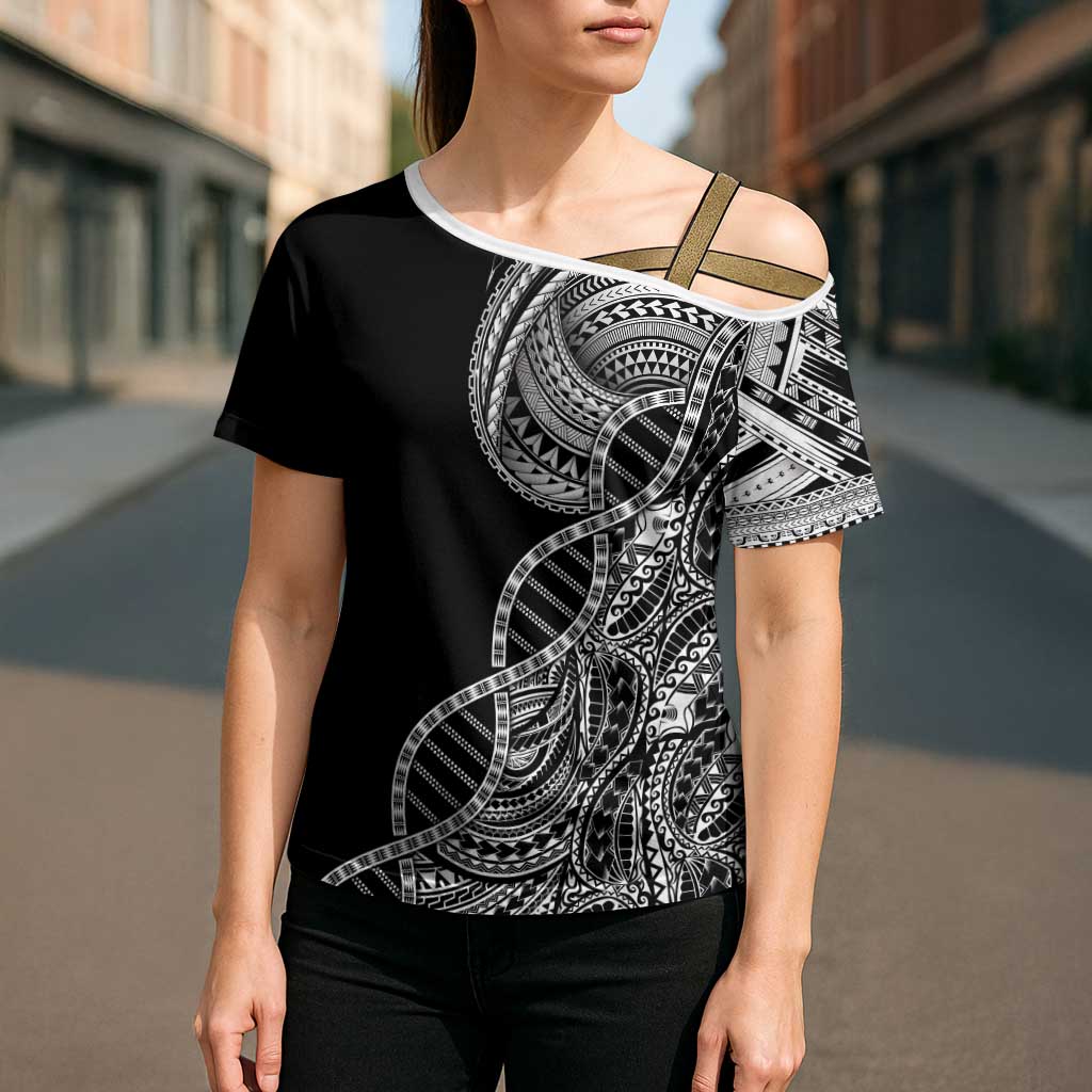 Samoan DNA Art Tattoo Cross Shoulder Shirt Polynesian Pattern Black Color