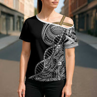 Samoan DNA Art Tattoo Cross Shoulder Shirt Polynesian Pattern Black Color
