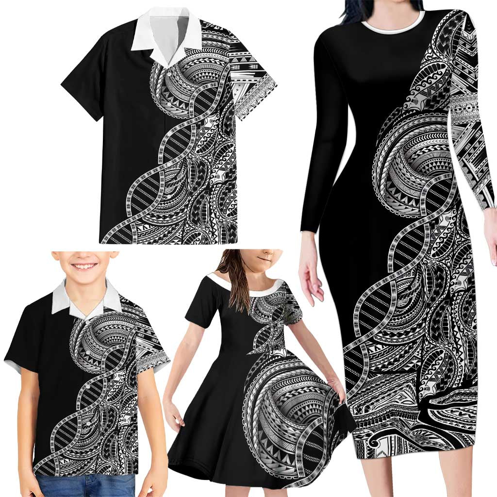 Samoan DNA Art Tattoo Family Matching Long Sleeve Bodycon Dress and Hawaiian Shirt Polynesian Pattern Black Color LT03 - Polynesian Pride