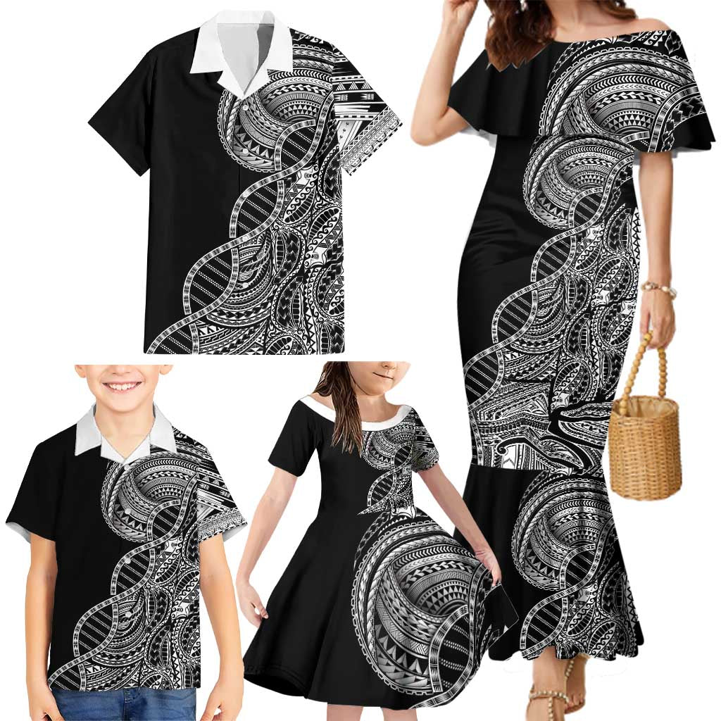 Samoan DNA Art Tattoo Family Matching Mermaid Dress and Hawaiian Shirt Polynesian Pattern Black Color LT03 - Polynesian Pride