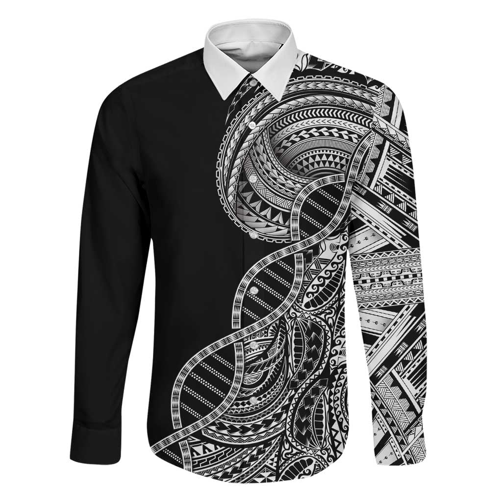 Samoan DNA Art Tattoo Family Matching Mermaid Dress and Hawaiian Shirt Polynesian Pattern Black Color LT03 Dad's Shirt - Long Sleeve Black - Polynesian Pride