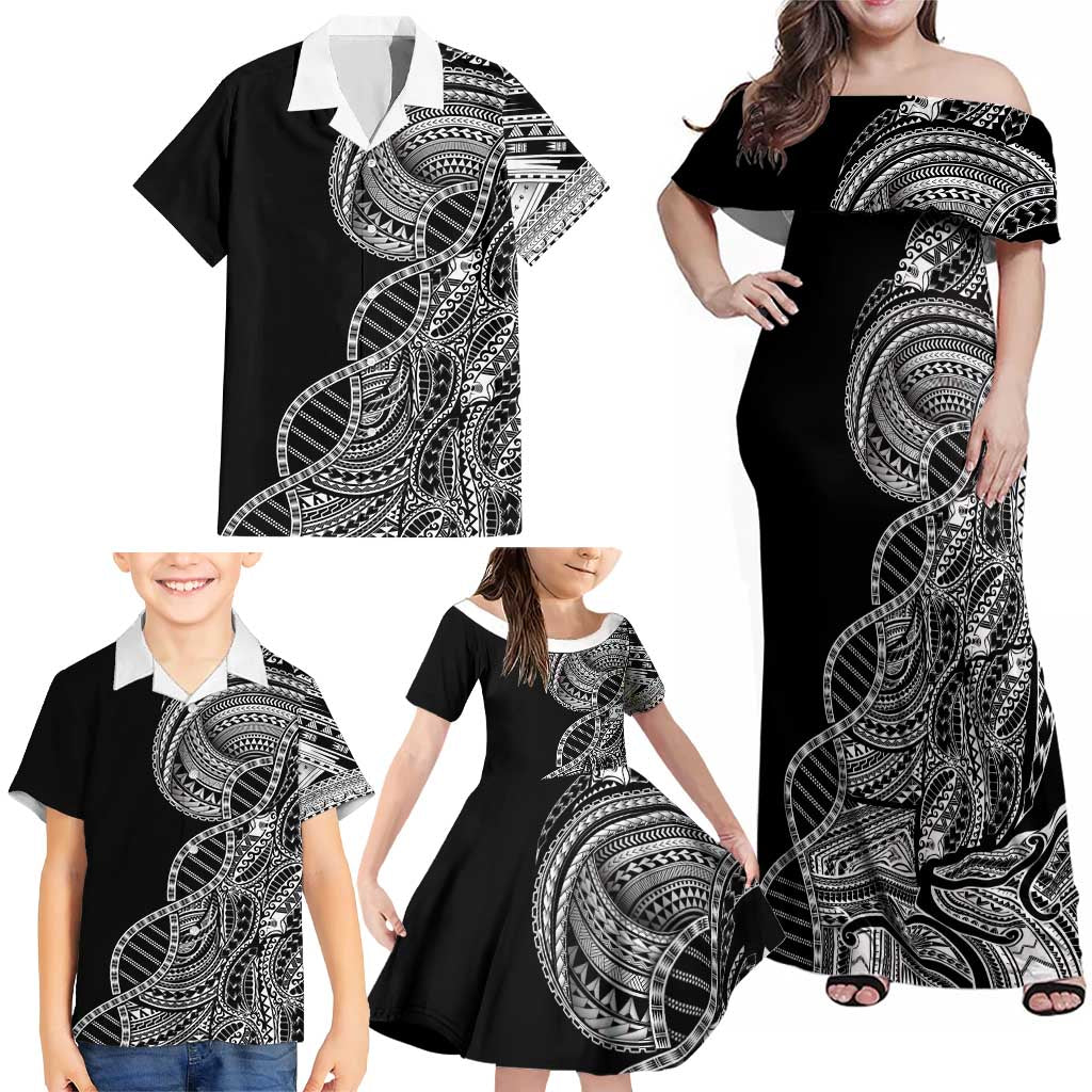 Samoan DNA Art Tattoo Family Matching Off Shoulder Maxi Dress and Hawaiian Shirt Polynesian Pattern Black Color