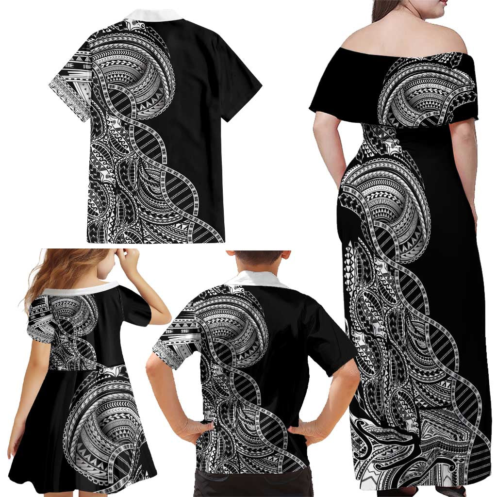 Samoan DNA Art Tattoo Family Matching Off Shoulder Maxi Dress and Hawaiian Shirt Polynesian Pattern Black Color