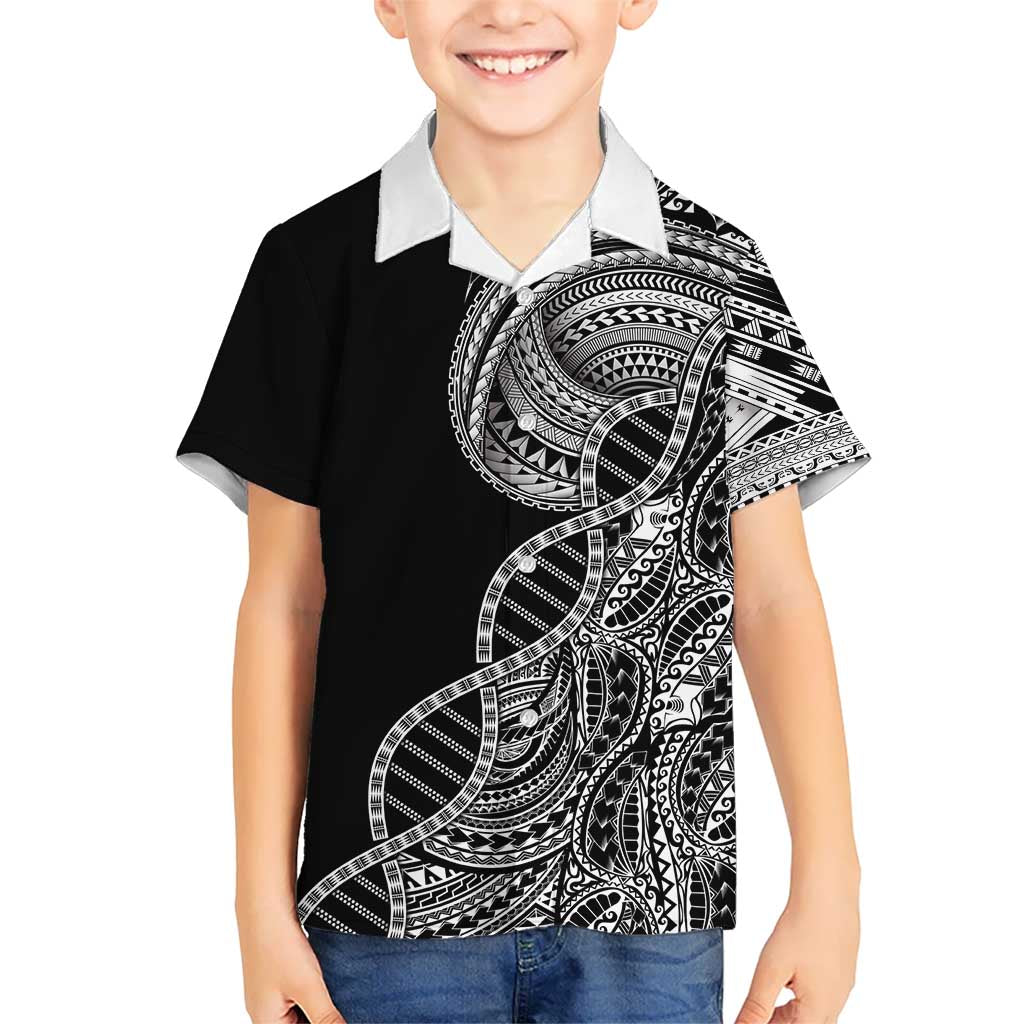 Samoan DNA Art Tattoo Family Matching Off Shoulder Short Dress and Hawaiian Shirt Polynesian Pattern Black Color