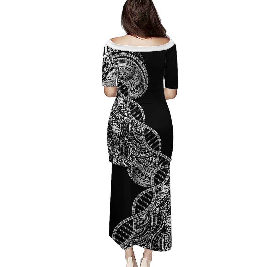 Samoan DNA Art Tattoo Family Matching Puletasi and Hawaiian Shirt Polynesian Pattern Black Color