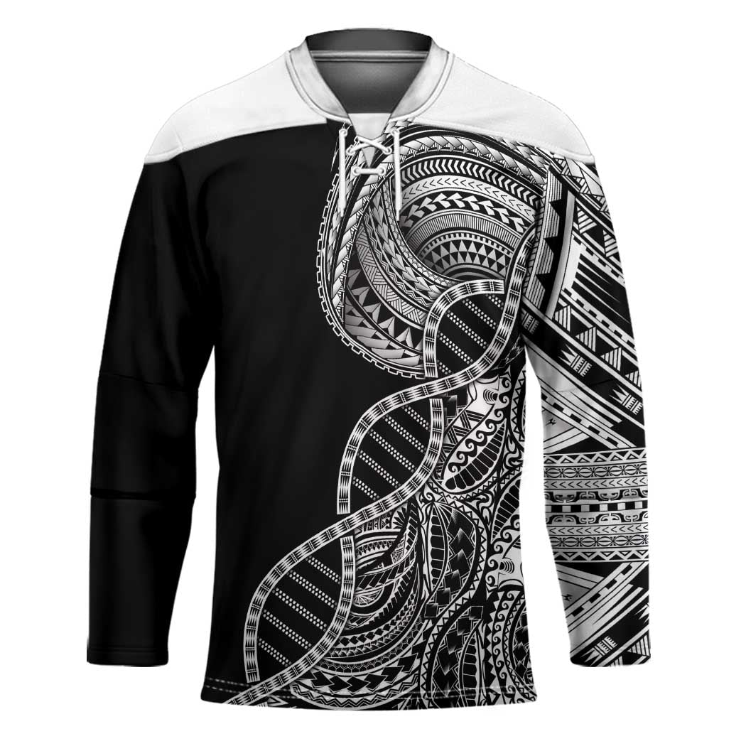 Samoan DNA Art Tattoo Hockey Jersey Polynesian Pattern Black Color