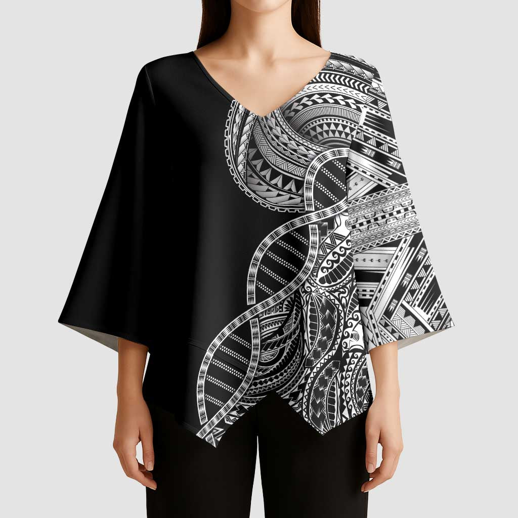Samoan DNA Art Tattoo Kimono Sleeve Blouse Polynesian Pattern Black Color