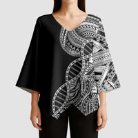 Samoan DNA Art Tattoo Kimono Sleeve Blouse Polynesian Pattern Black Color