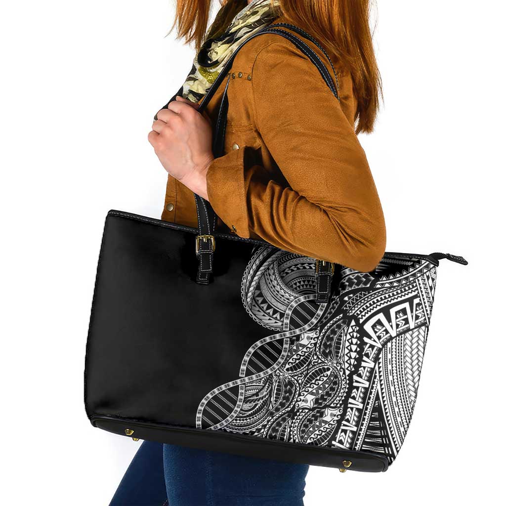 Samoan DNA Art Tattoo Leather Tote Bag Polynesian Pattern Black Color