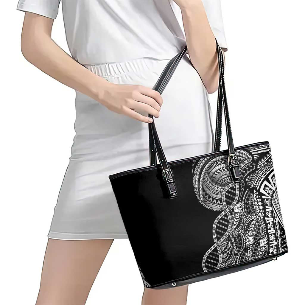 Samoan DNA Art Tattoo Leather Tote Bag Polynesian Pattern Black Color
