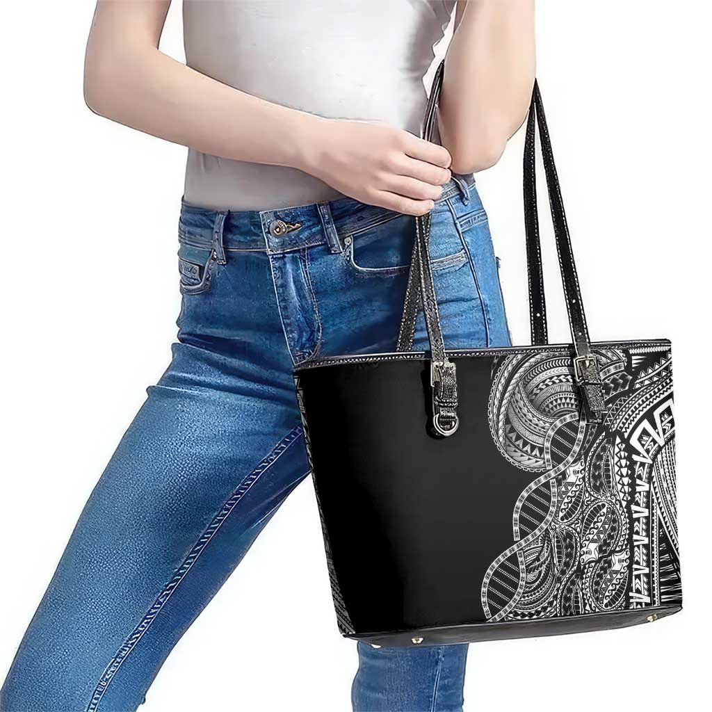 Samoan DNA Art Tattoo Leather Tote Bag Polynesian Pattern Black Color